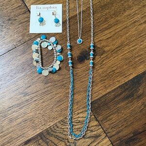 Lia Sophia Turquoise and Silver Layered Necklace, Bracelet & Earrings Set
